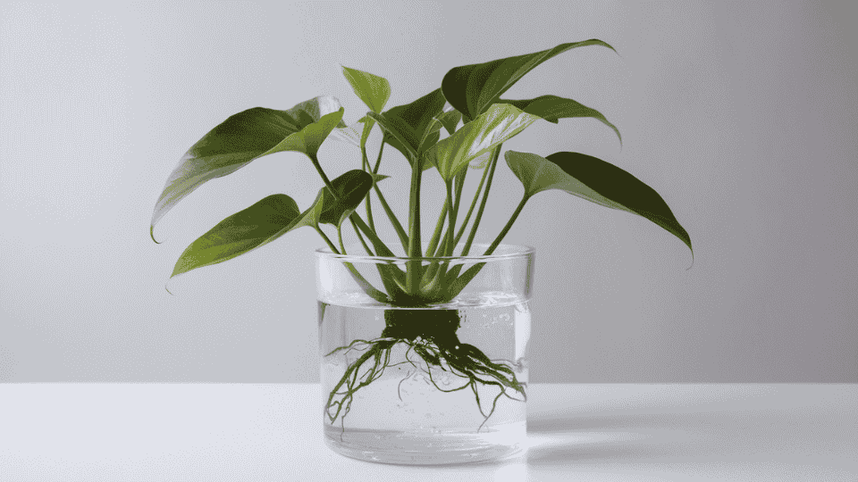 a green heart-leaf plant is propagating in a clear glass of water, showing its roots growing below the surface