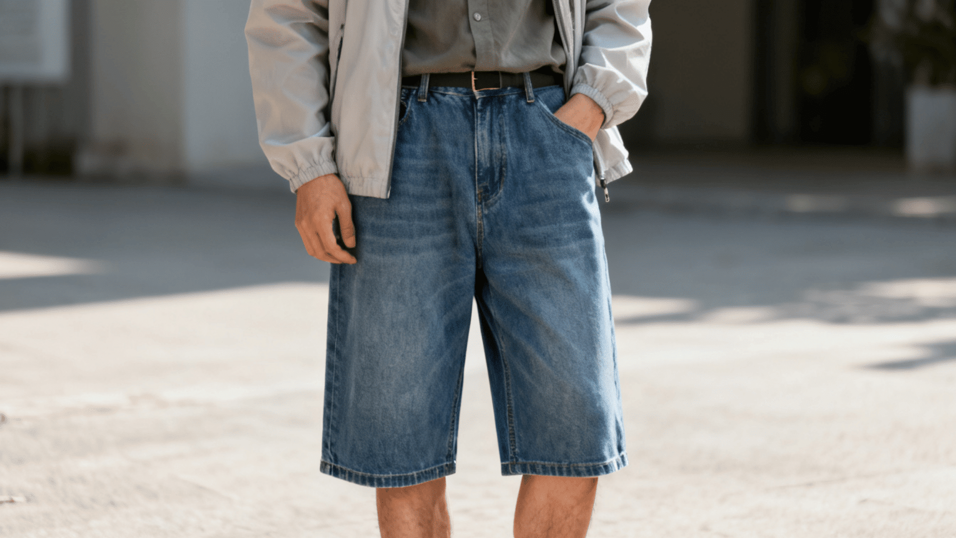 Person wearing long Bermuda jorts with a casual shirt and jacket.
