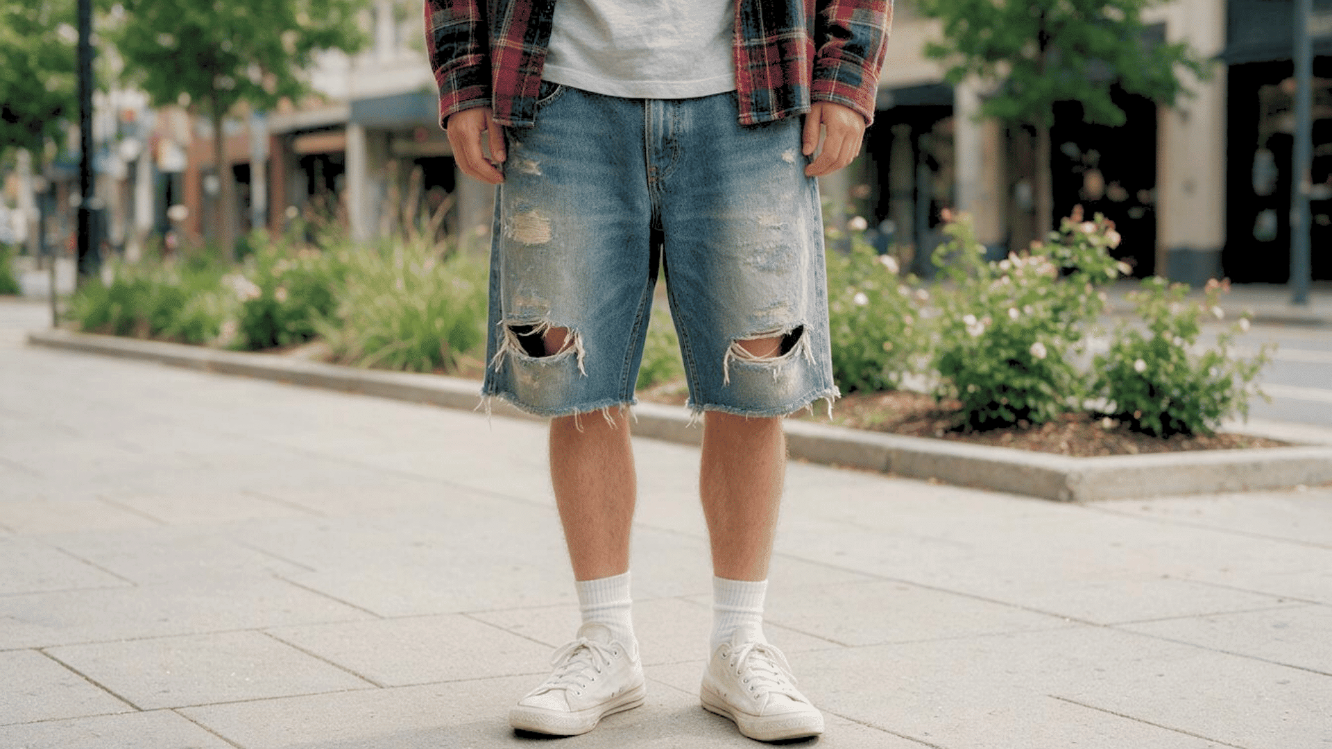 Distressed jorts showing faded denim, ripped sections, and frayed edges.