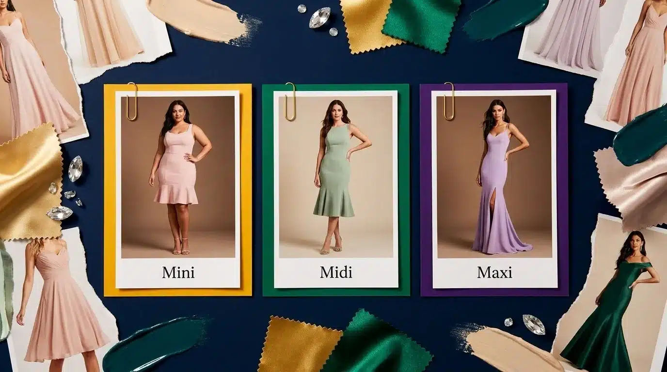 a moodboard comparing trumpet dress lengths, a blush pink mini, a sage green midi, and a lavender maxi gown