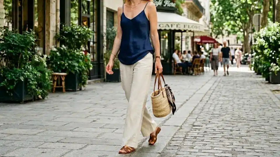 a woman walking on a street wearing a blue silk tank top white linen trousers and carrying a straw bag