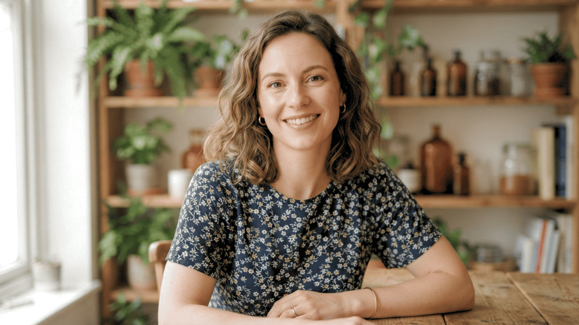 Person with shoulder-length wavy hair smiling in a floral top while sitting indoors with plants behind