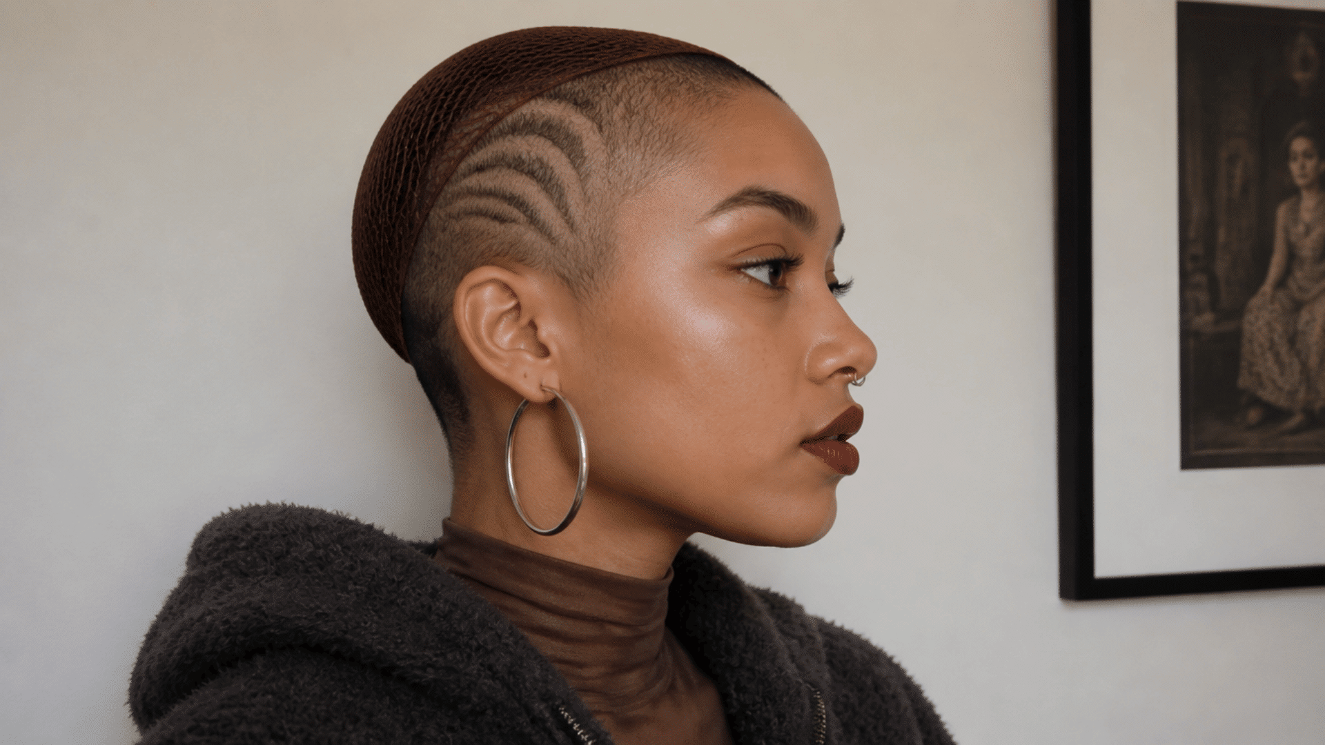 Person with patterned buzz cut hairstyle and hoop earrings posing in a side profile portrait