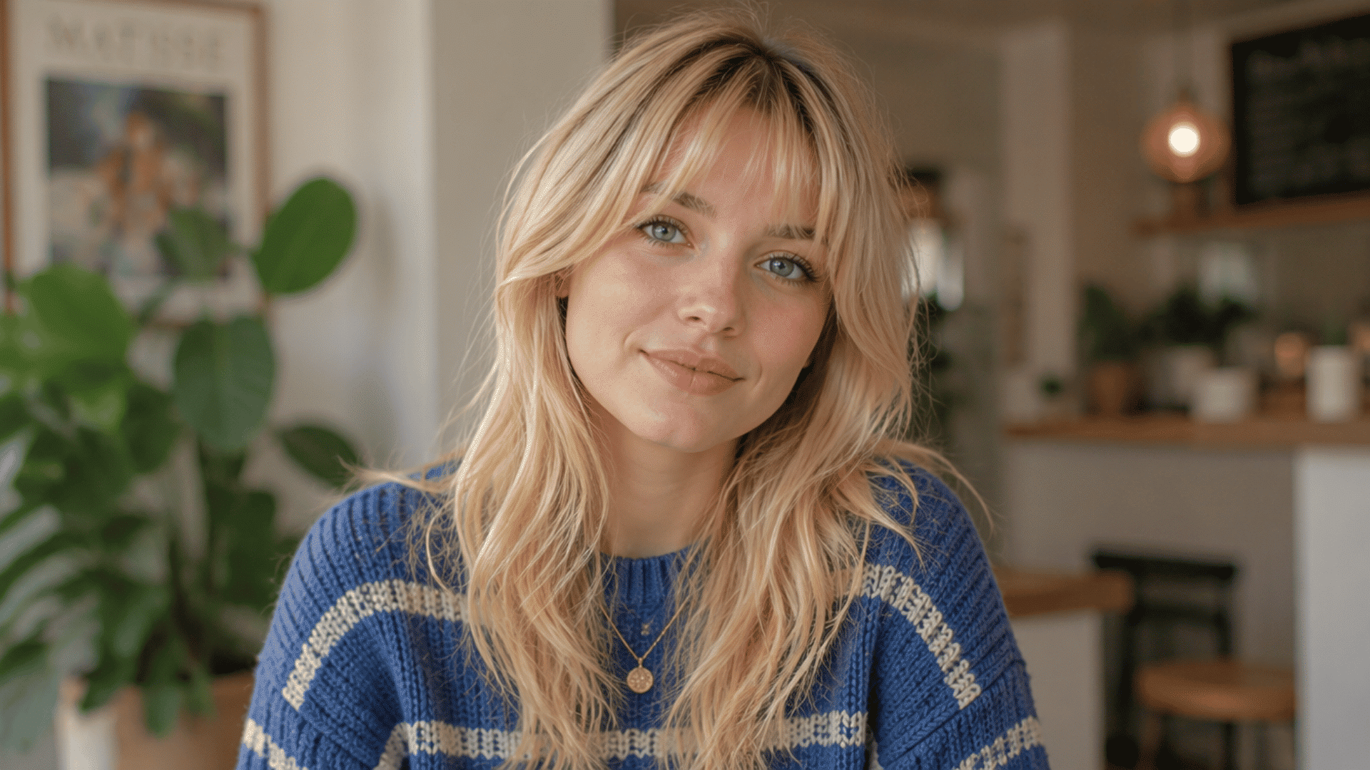 Person with long blonde layered hair and bangs wearing a blue sweater in an indoor portrait