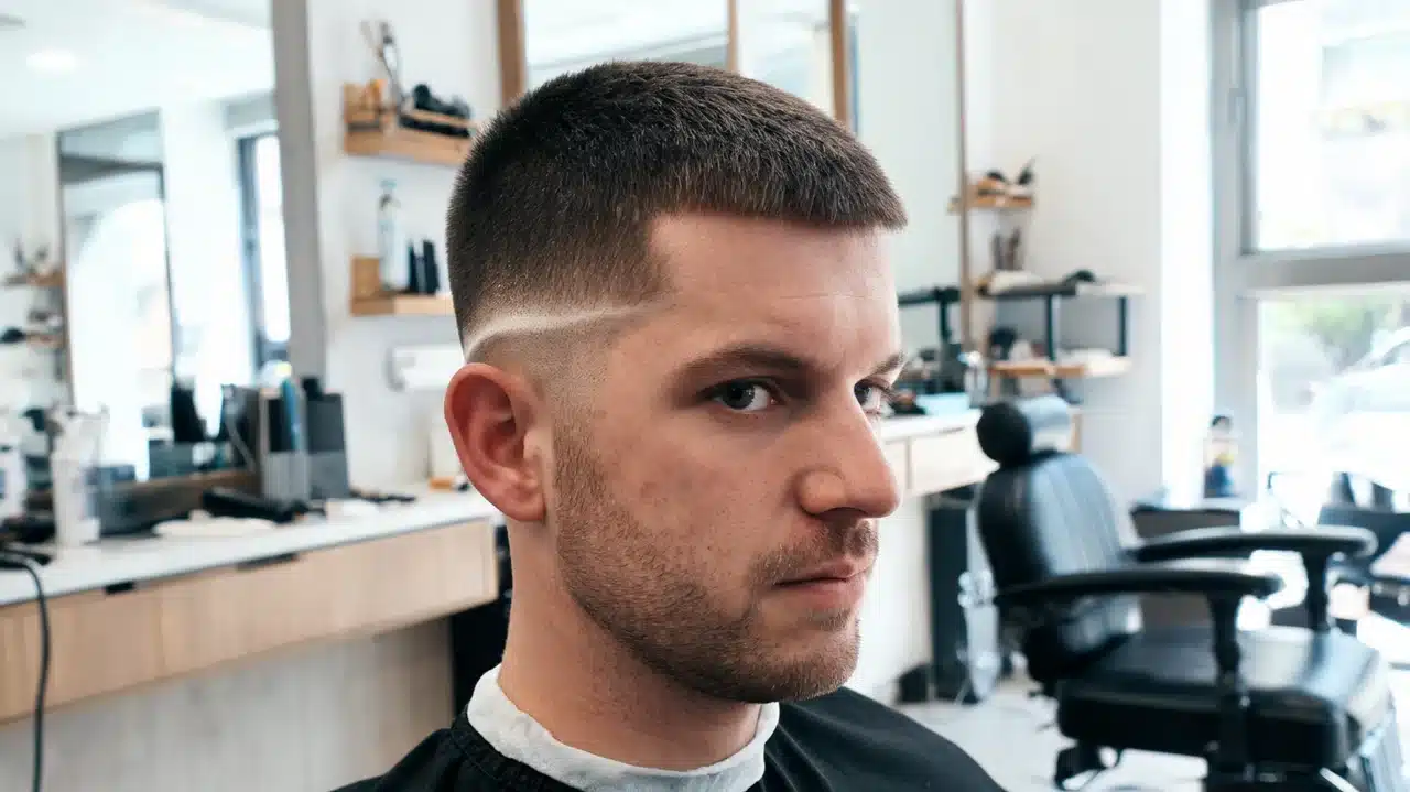 adult american man with buzz cut fade for thick hair in a clean modern barbershop