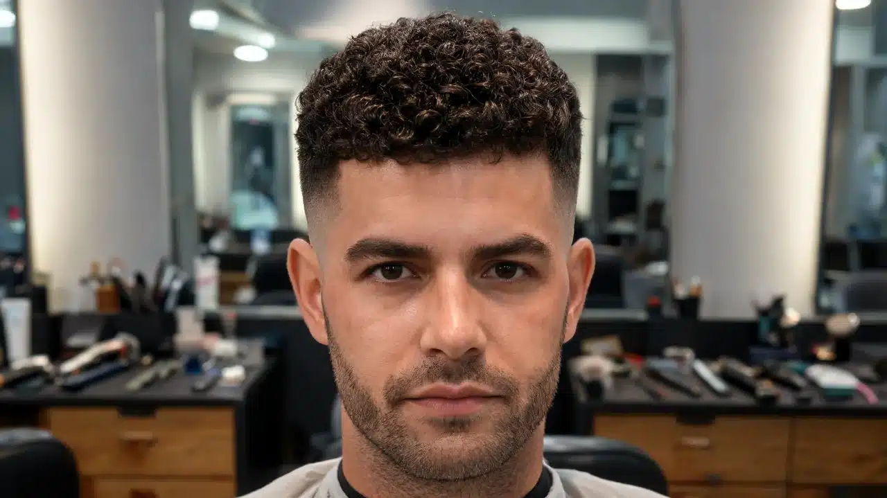 adult american man with thick curly hair wearing a short curly crop haircut
