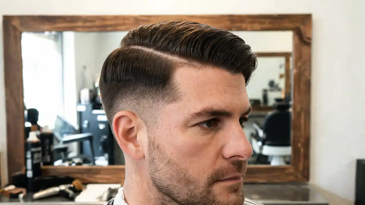 adult american man with thick hair styled in a classic side part haircut