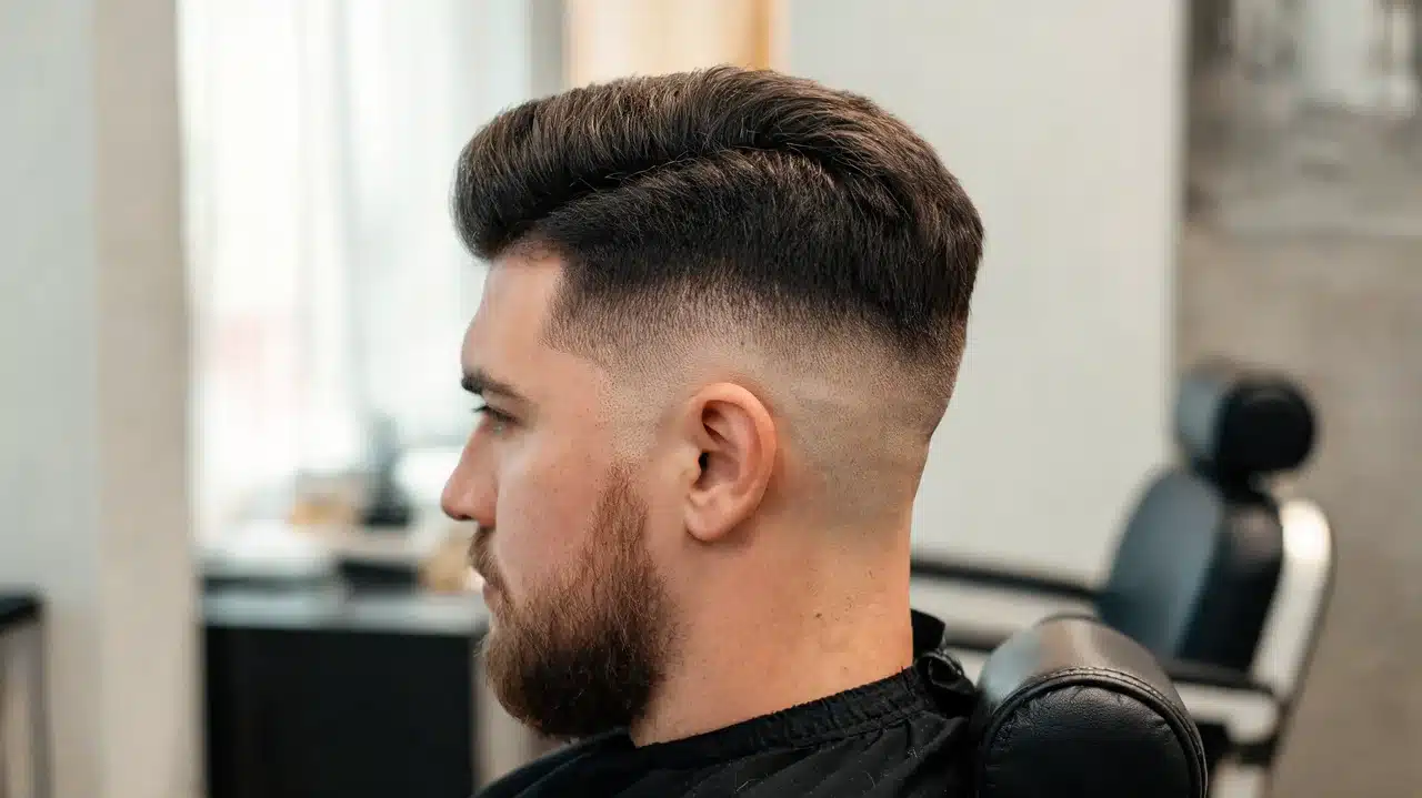 adult american man with thick hair styled in a clean high fade haircut