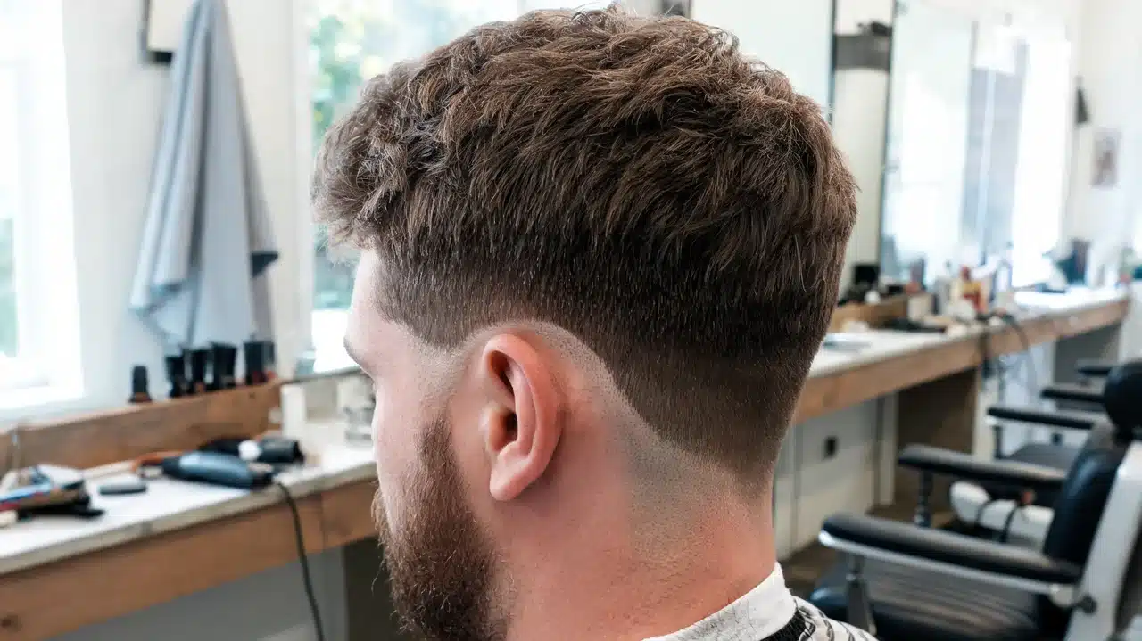 adult american man with thick hair styled in a drop fade haircut