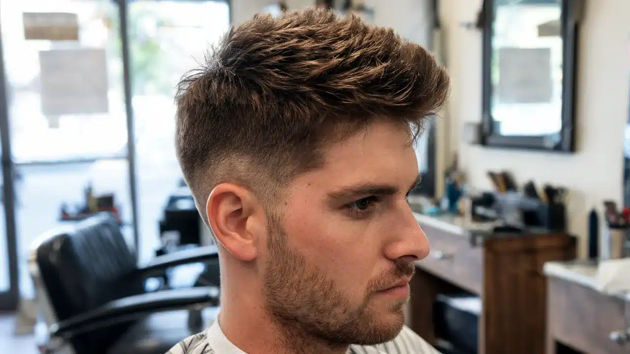 adult american man with thick hair styled in a short spiky haircut