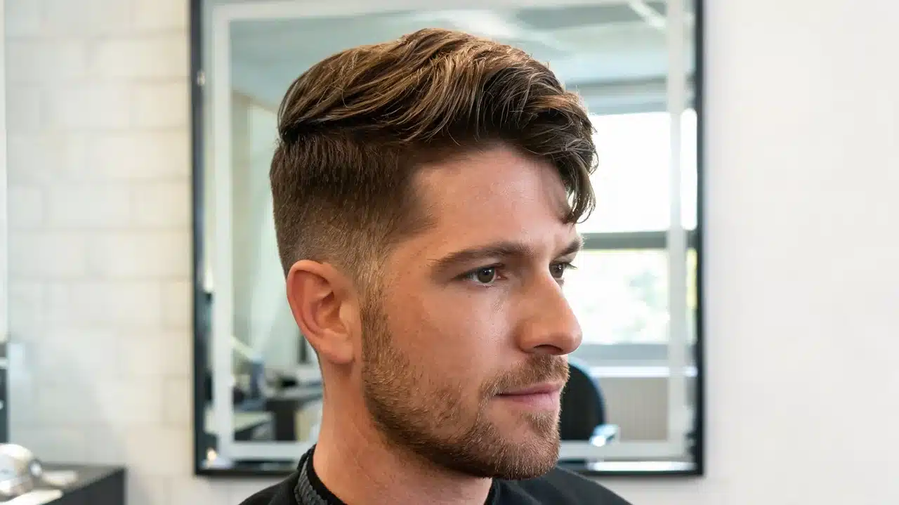 adult american man with thick hair wearing a clean ivy league haircut