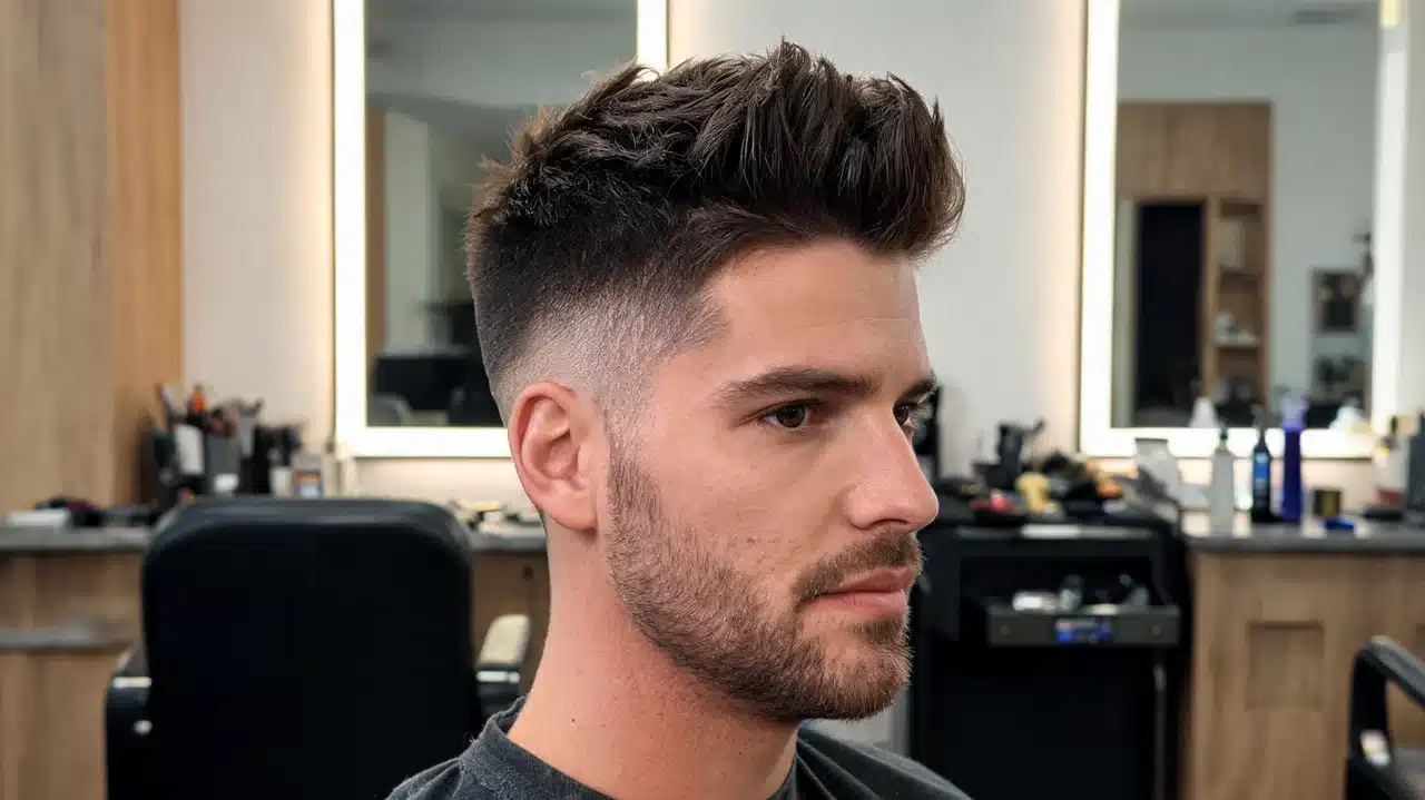 adult american man with thick hair wearing a faux hawk haircut with clean sides