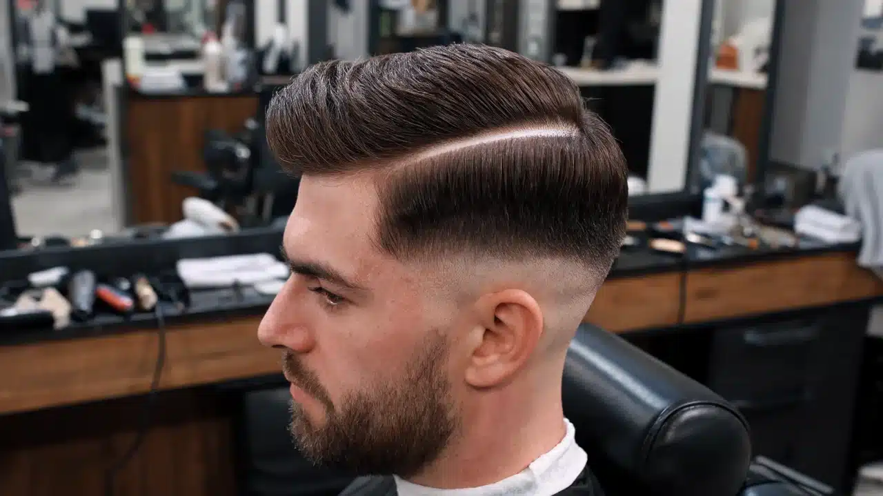 adult american man with thick hair wearing a hard part haircut with fade