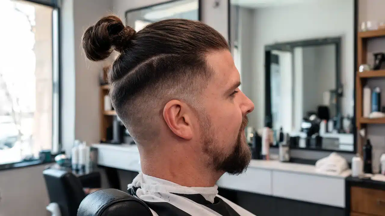 adult american man with thick hair wearing a man bun with undercut