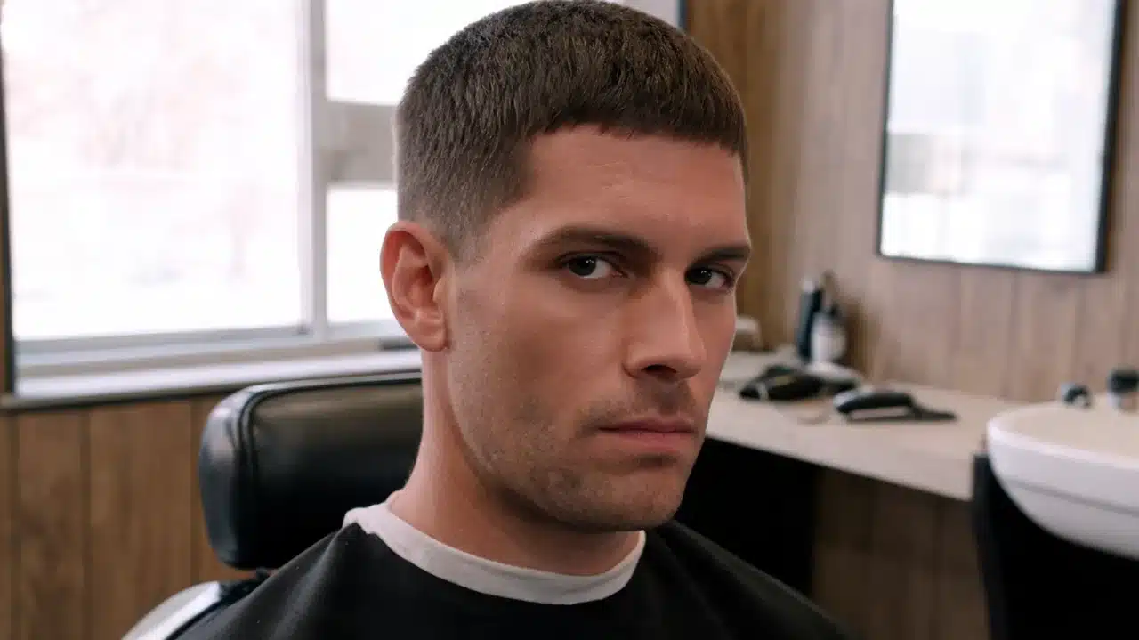 adult american man with thick hair wearing a neat crew cut in a barbershop