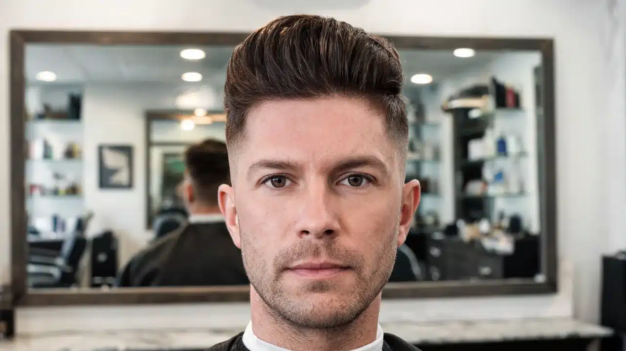 adult american man with thick hair wearing a pompadour haircut in a barbershop