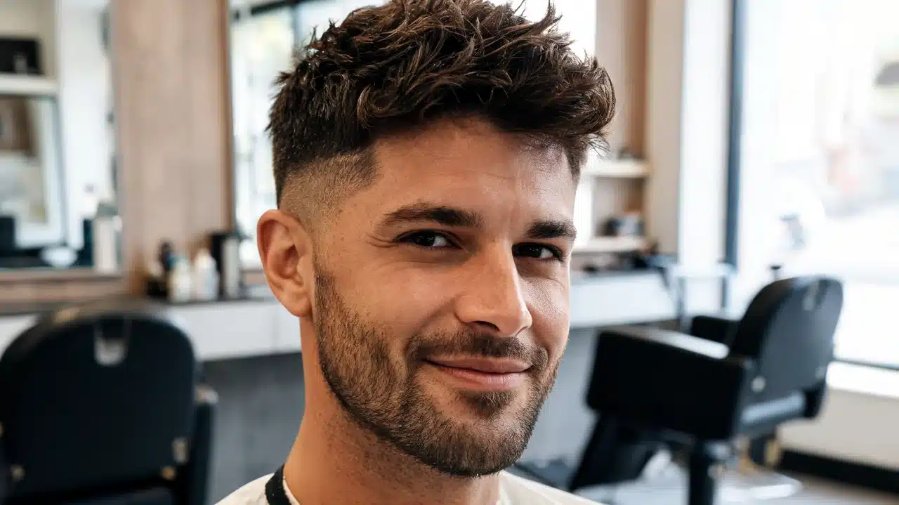 adult american man with thick hair wearing a textured crop haircut with clean sides