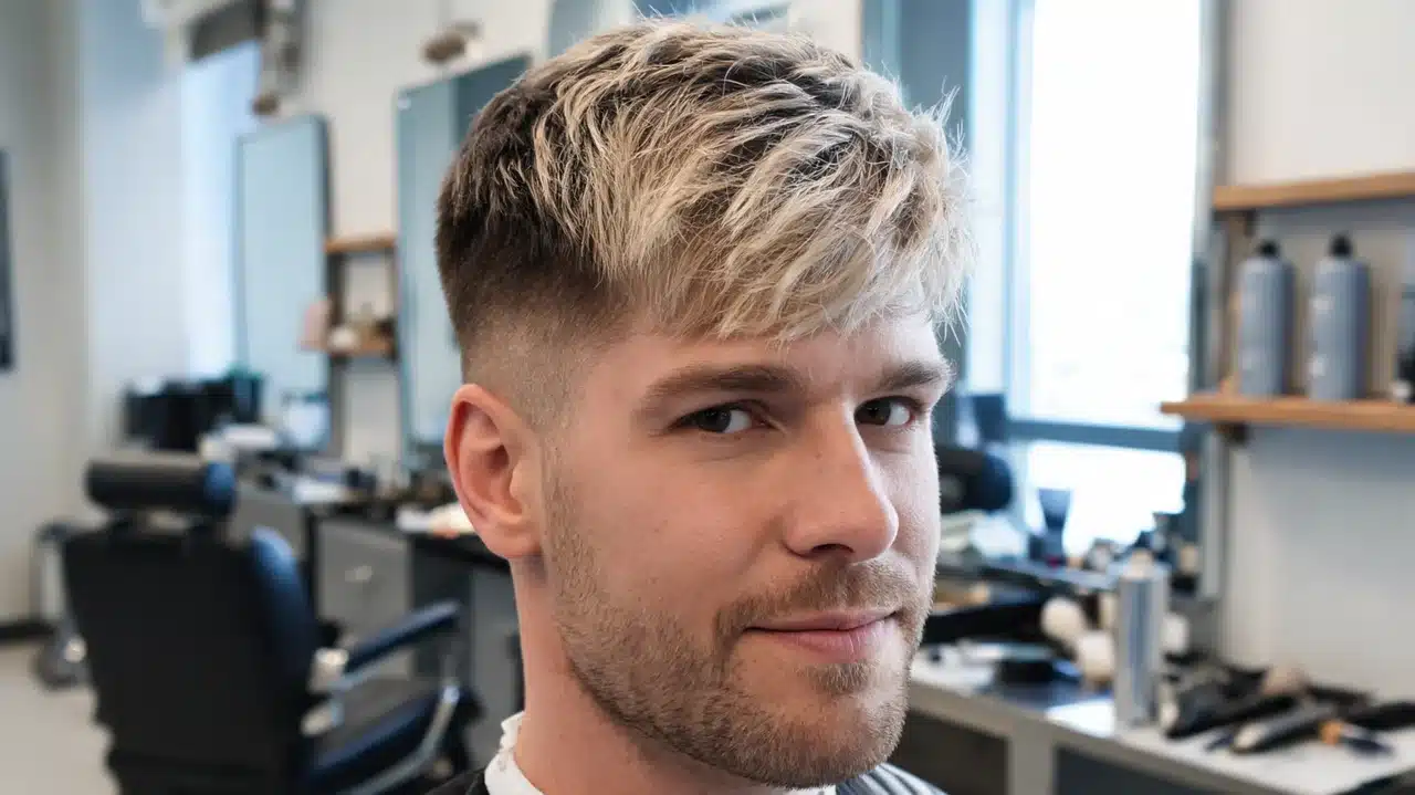 adult american man with thick hair wearing a textured fringe haircut