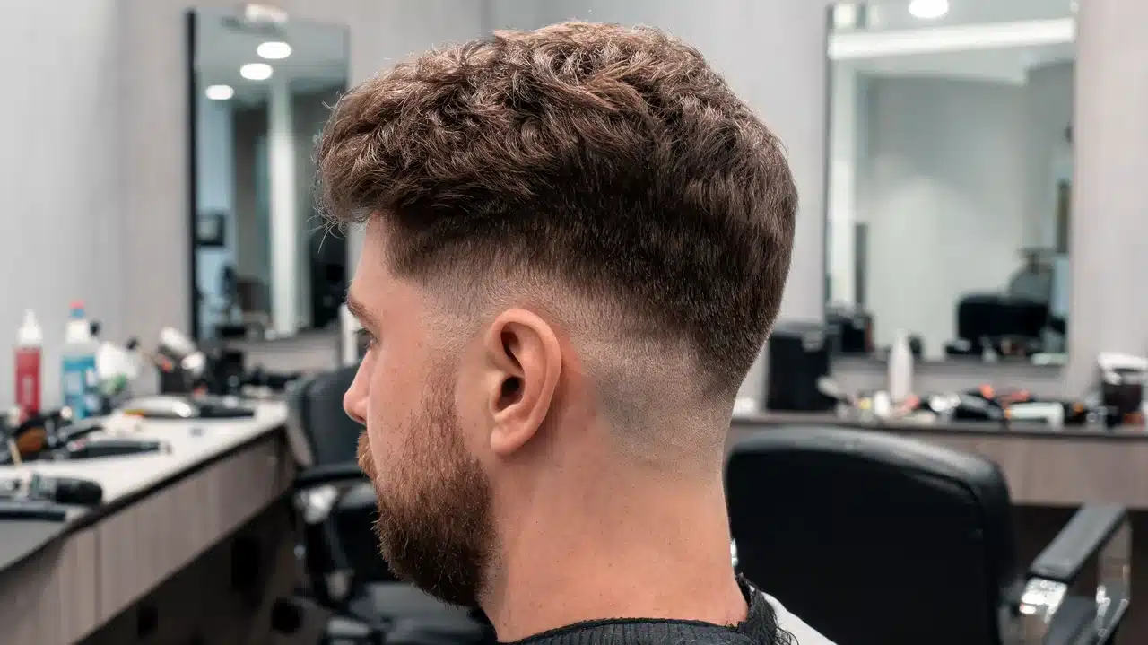 adult american man with thick top and low fade haircut in a clean barbershop