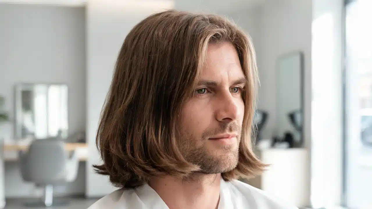 american man with shoulder length thick hair in a clean salon setting