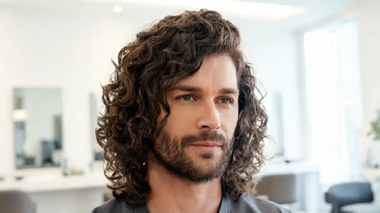 american man with thick curly hair styled with layered curls and natural volume