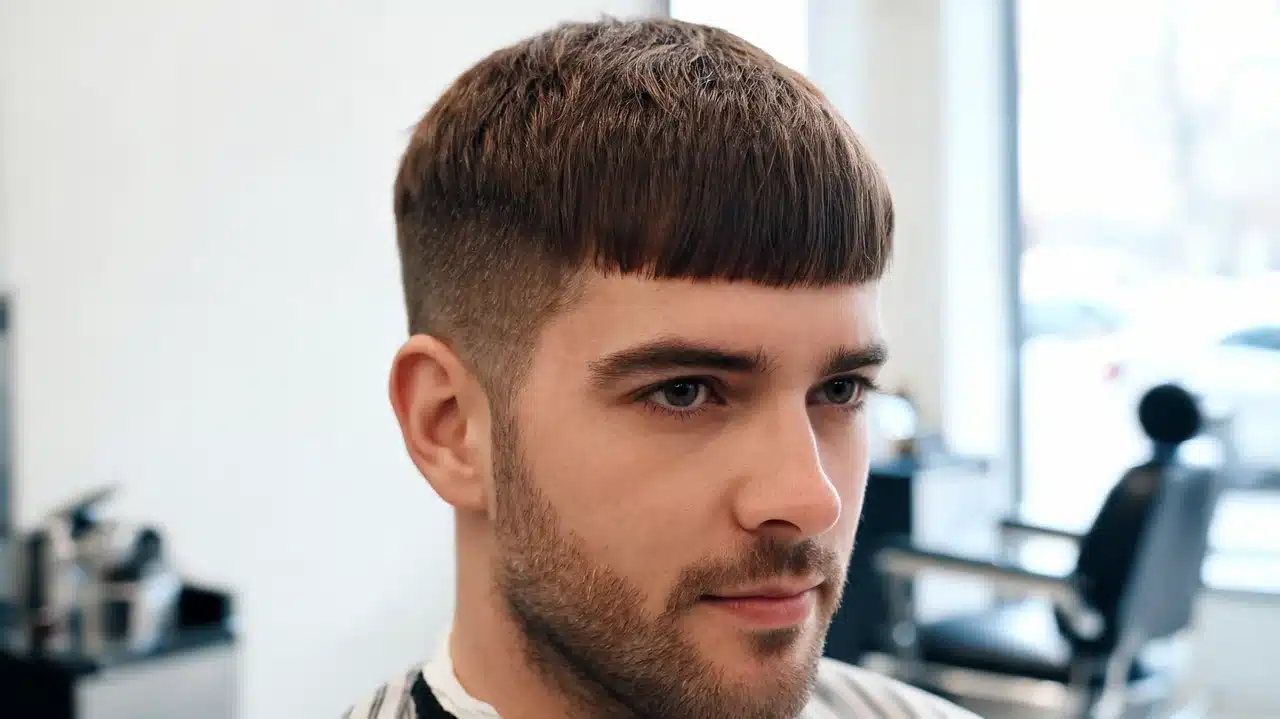 american man with thick hair styled in a caesar cut with short neat fringe