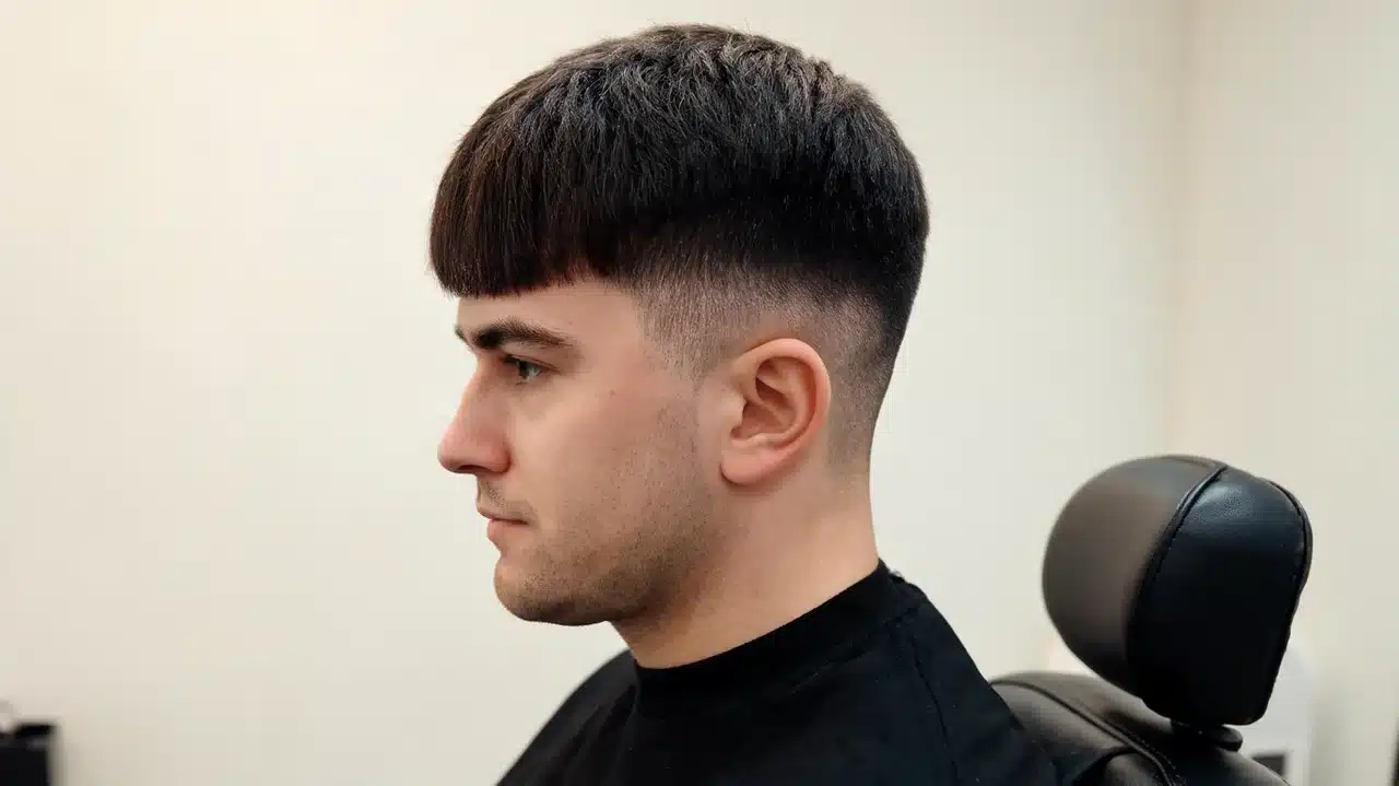 american man with thick hair styled in a french crop with short textured fringe