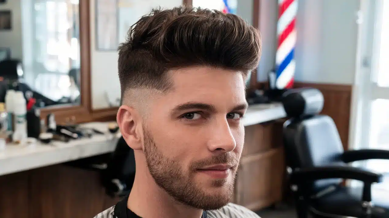 american man with thick hair styled in a full quiff haircut with clean sides