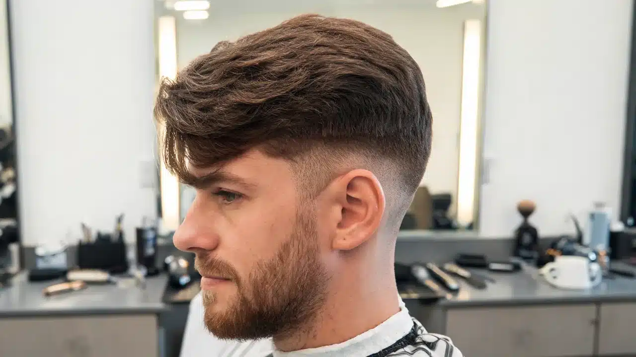 american man with thick hair styled in a side swept undercut haircut