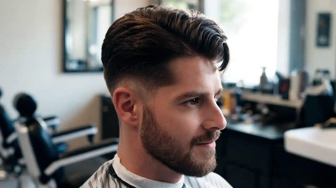 american man with thick hair wearing a comb over fade haircut