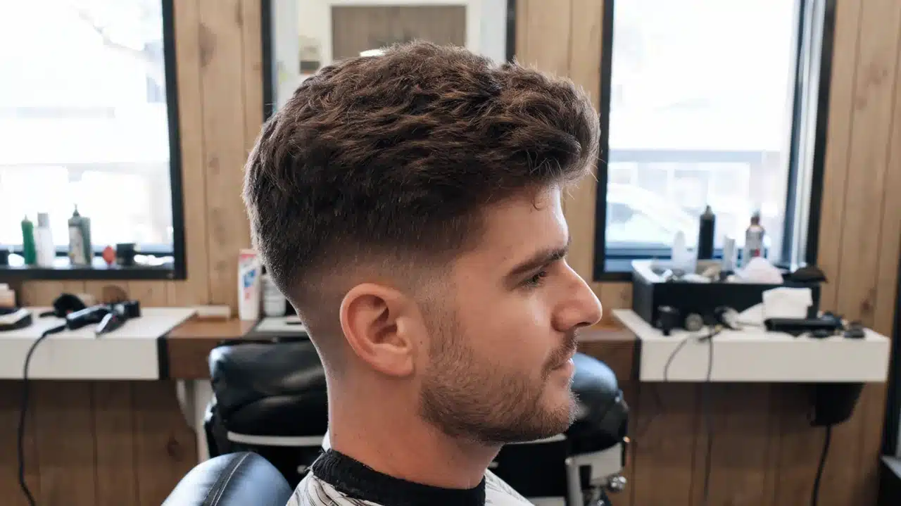 american man with thick hair wearing a mid fade with textured top