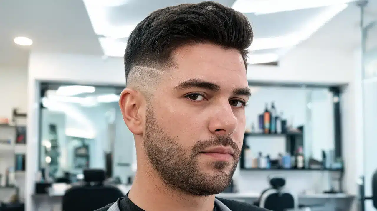 american man with thick hair wearing a neat taper fade haircut