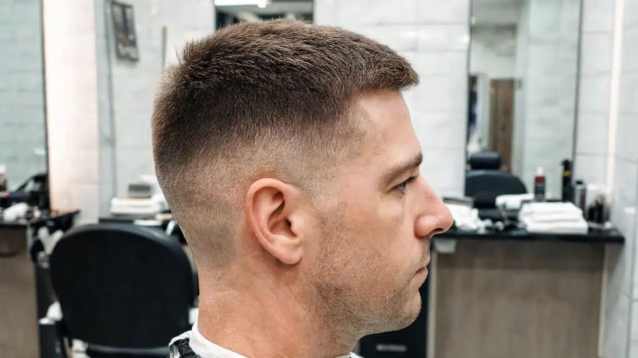 american man with thick hair wearing a sharp high and tight haircut