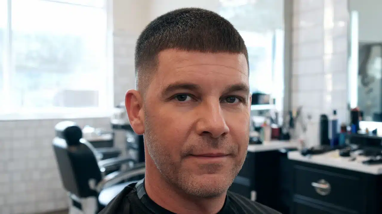 american man with thick hair wearing a simple butch cut with clean edges