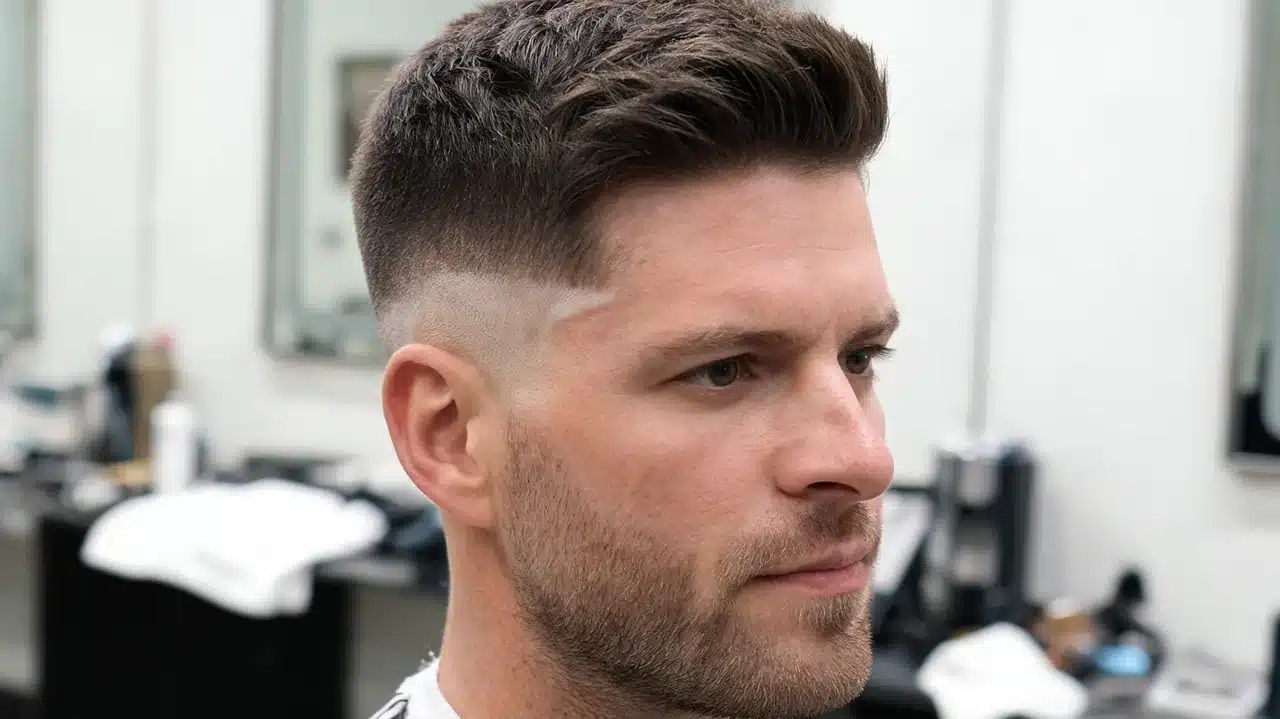 american man with thick hair wearing a skin fade with clean close sides
