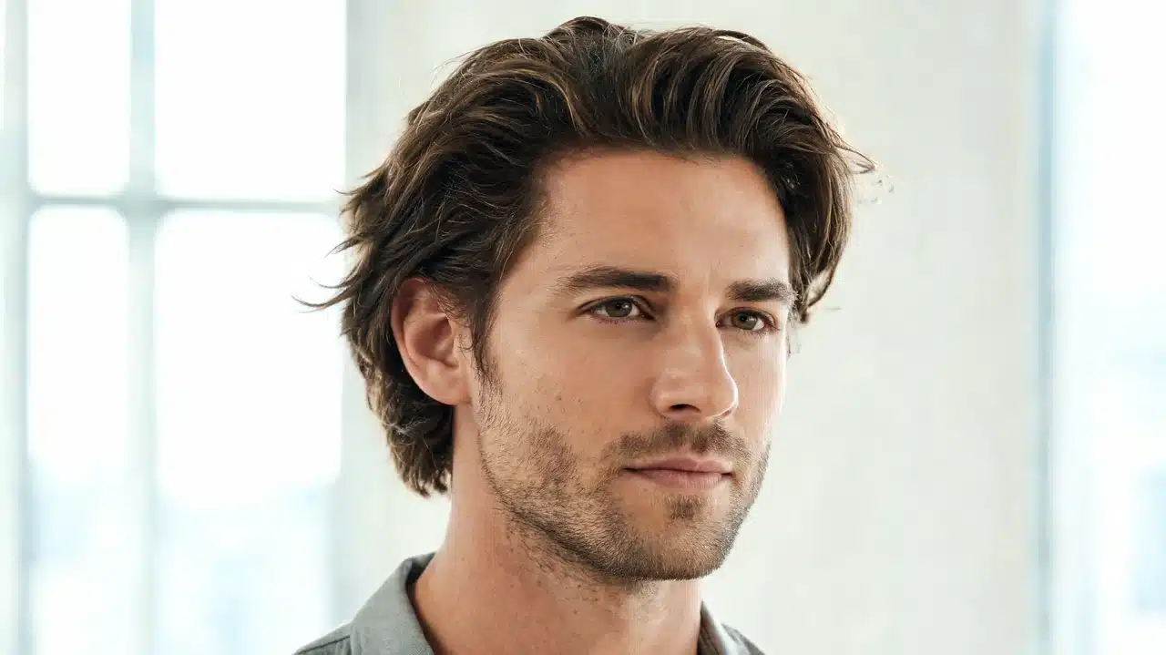 american man with thick medium hair styled in a natural bro flow haircut
