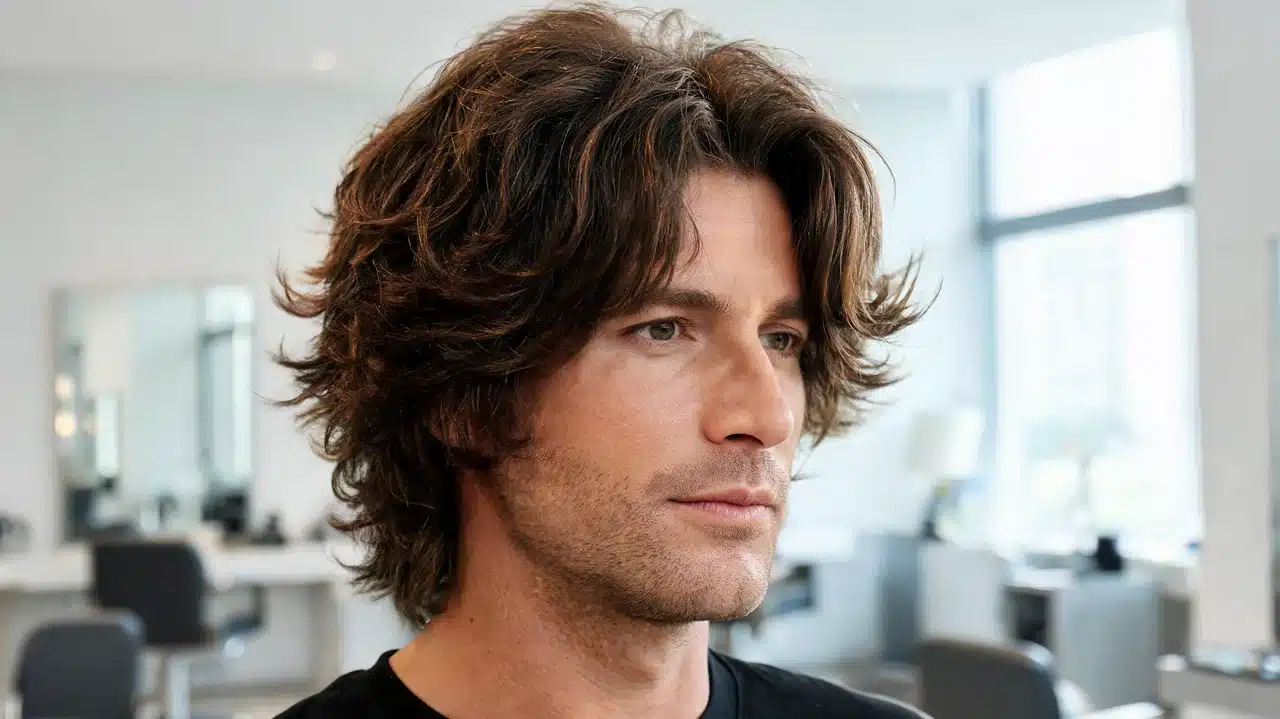 american man with thick wavy hair styled in a layered shag haircut
