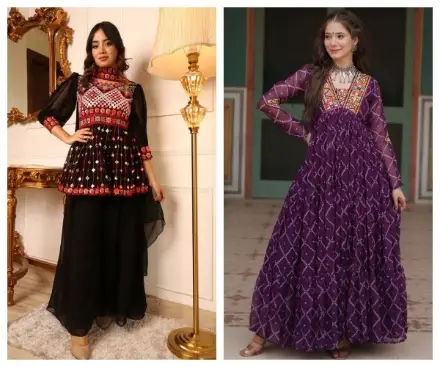 Two women in colorful traditional embroidered outfits in an elegant indoor setting