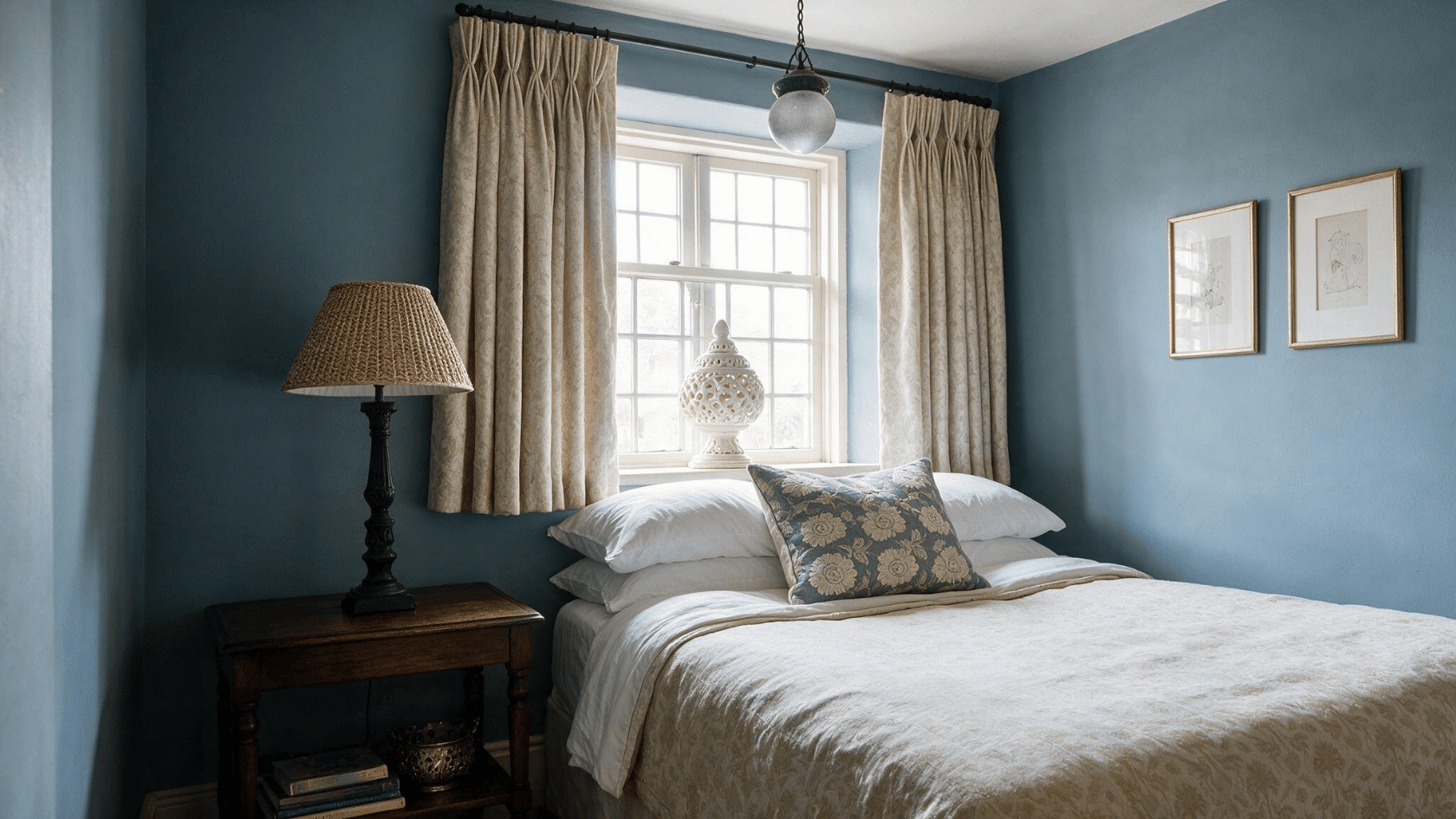 Cream apron length pleat curtains framing a bedroom window with elegant textured folds.