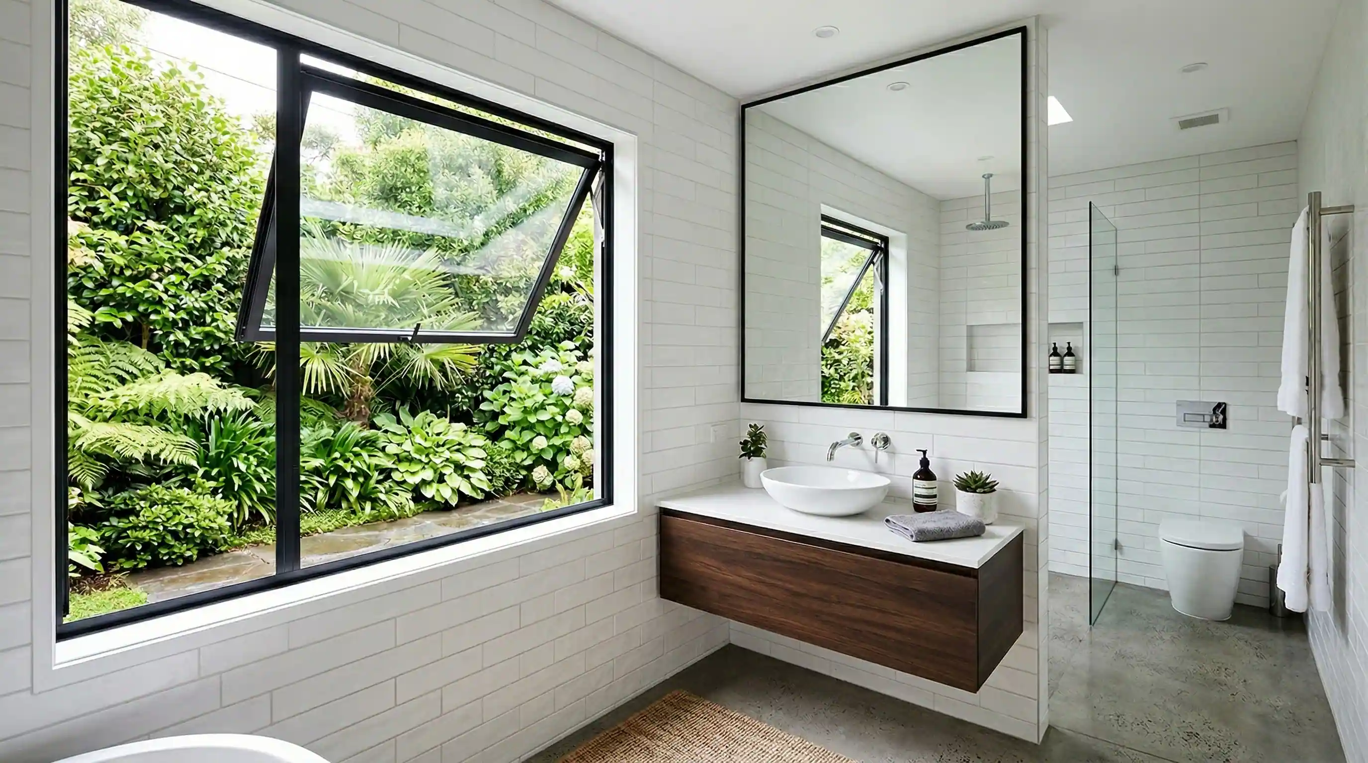 awning window in a modern bathroom with rain protection and privacy, opened for ventilation