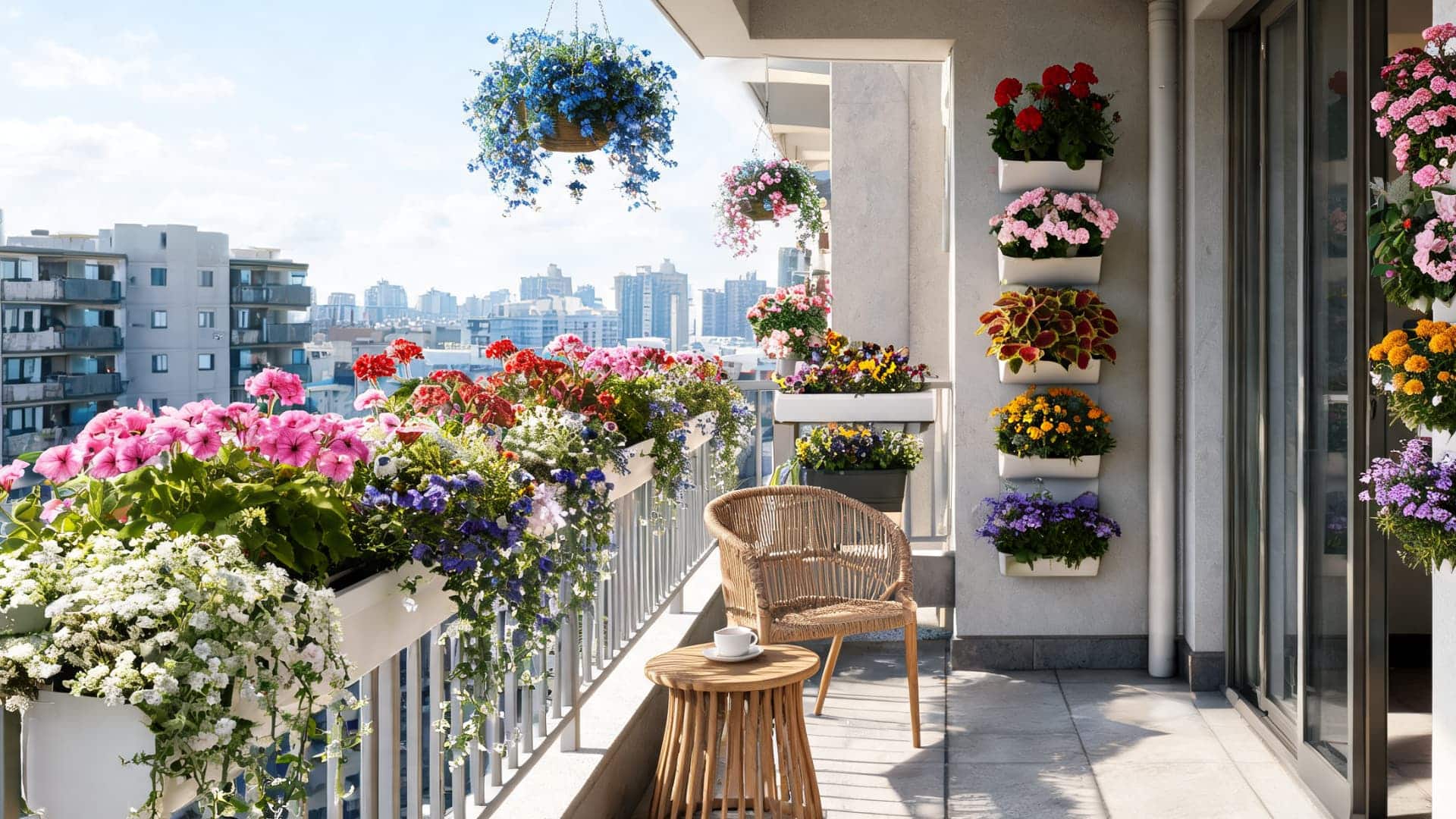 balcony flower garden with railing planters, hanging baskets, wall pots, city view, and cozy seating