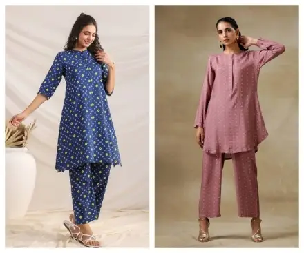 Two women modeling stylish kurta sets in blue and pink against neutral backgrounds