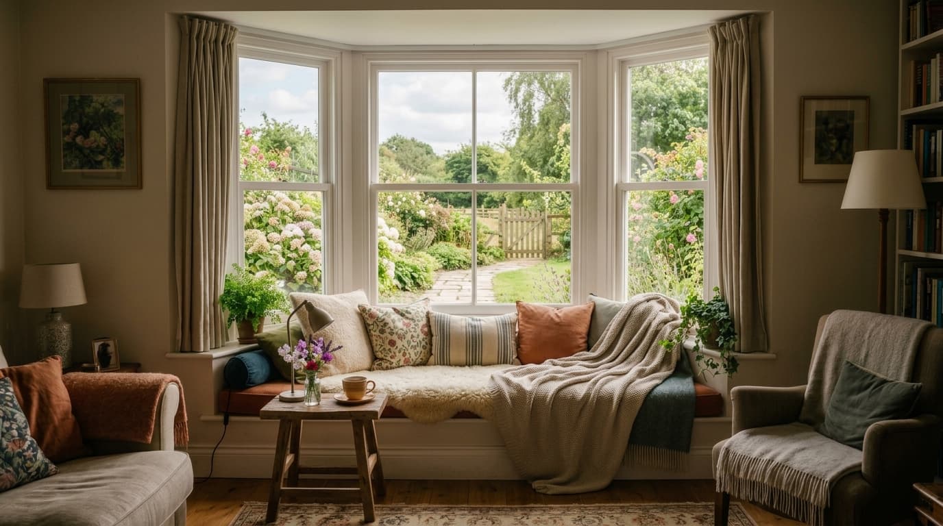 bay window in a cozy reading nook with a peaceful garden view and soft cushions for comfort