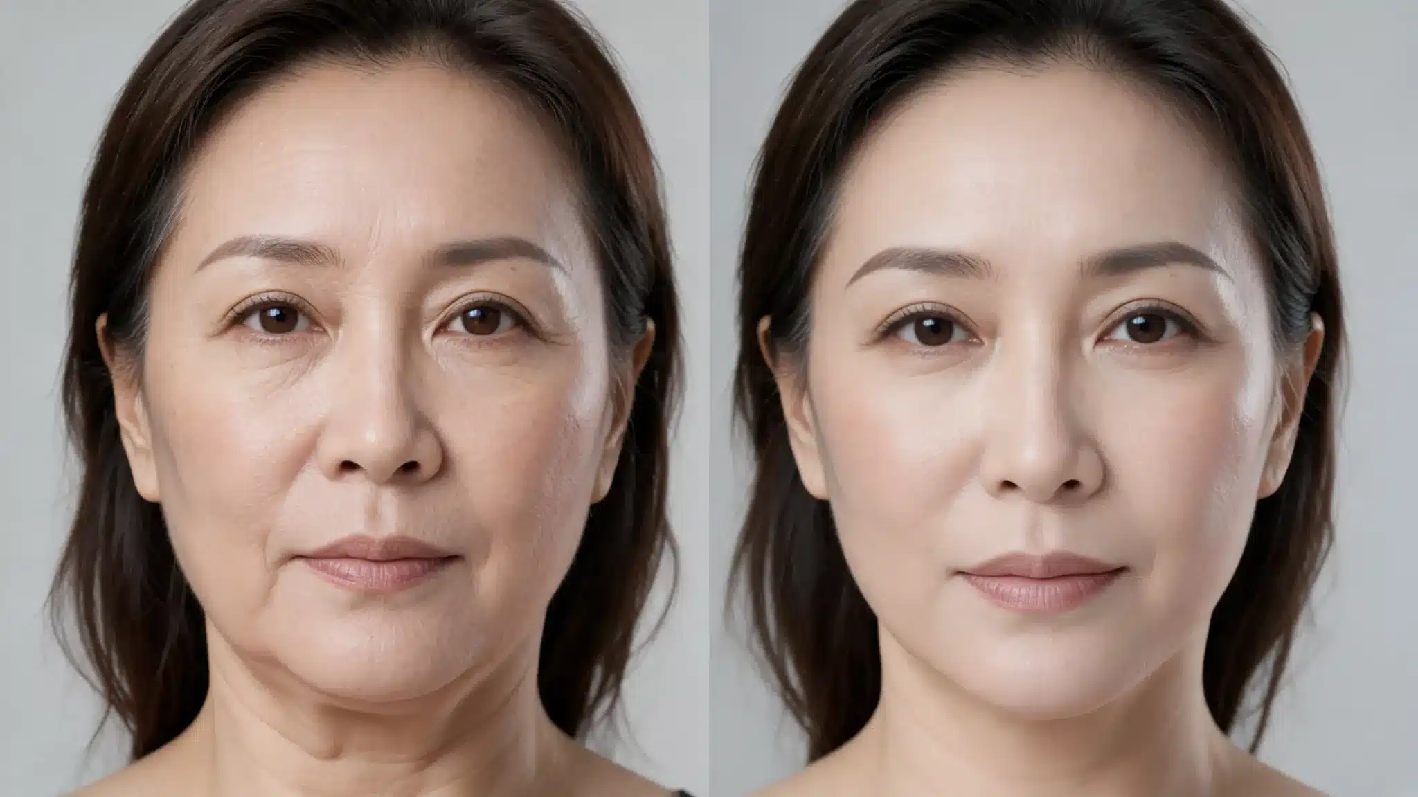 Before and after face tightening result showing smoother skin, fewer fine lines, and a firmer jawline look