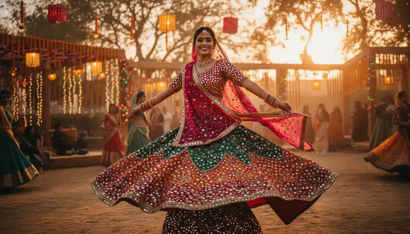 Woman twirling in colorful lehenga at outdoor celebration with warm sunset lighting