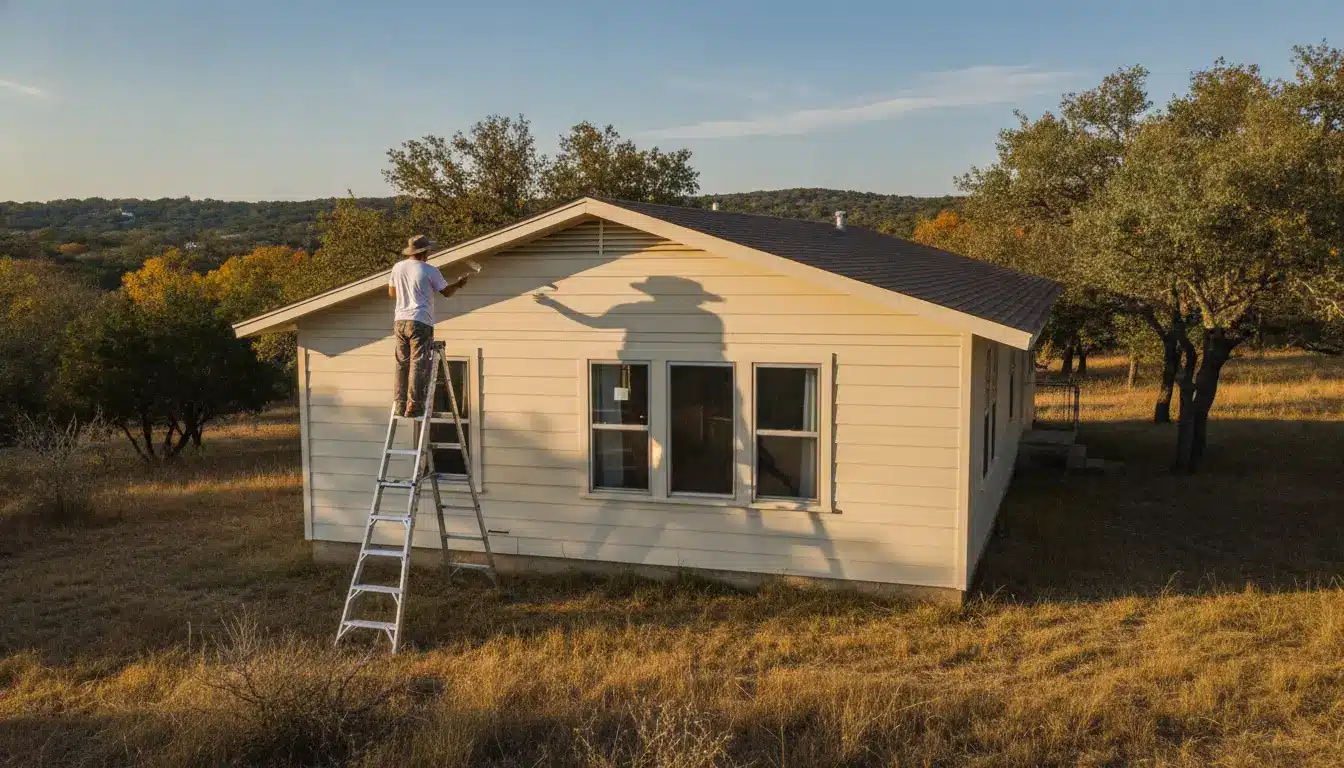 Person on ladder painting house exterior in rural landscape during late afternoon sunlight
