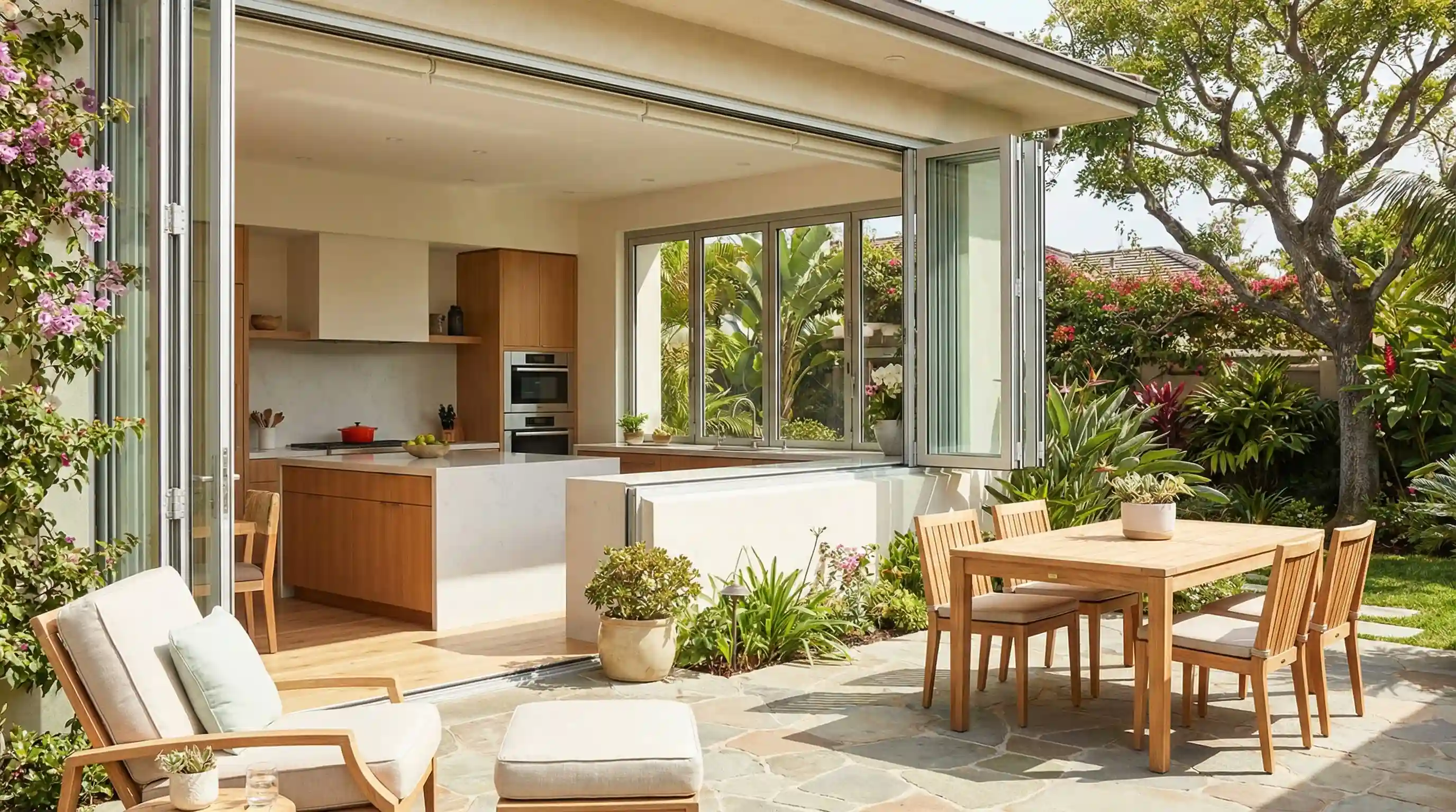 bi-fold windows in an open-plan kitchen, seamlessly connecting the indoor space to the patio