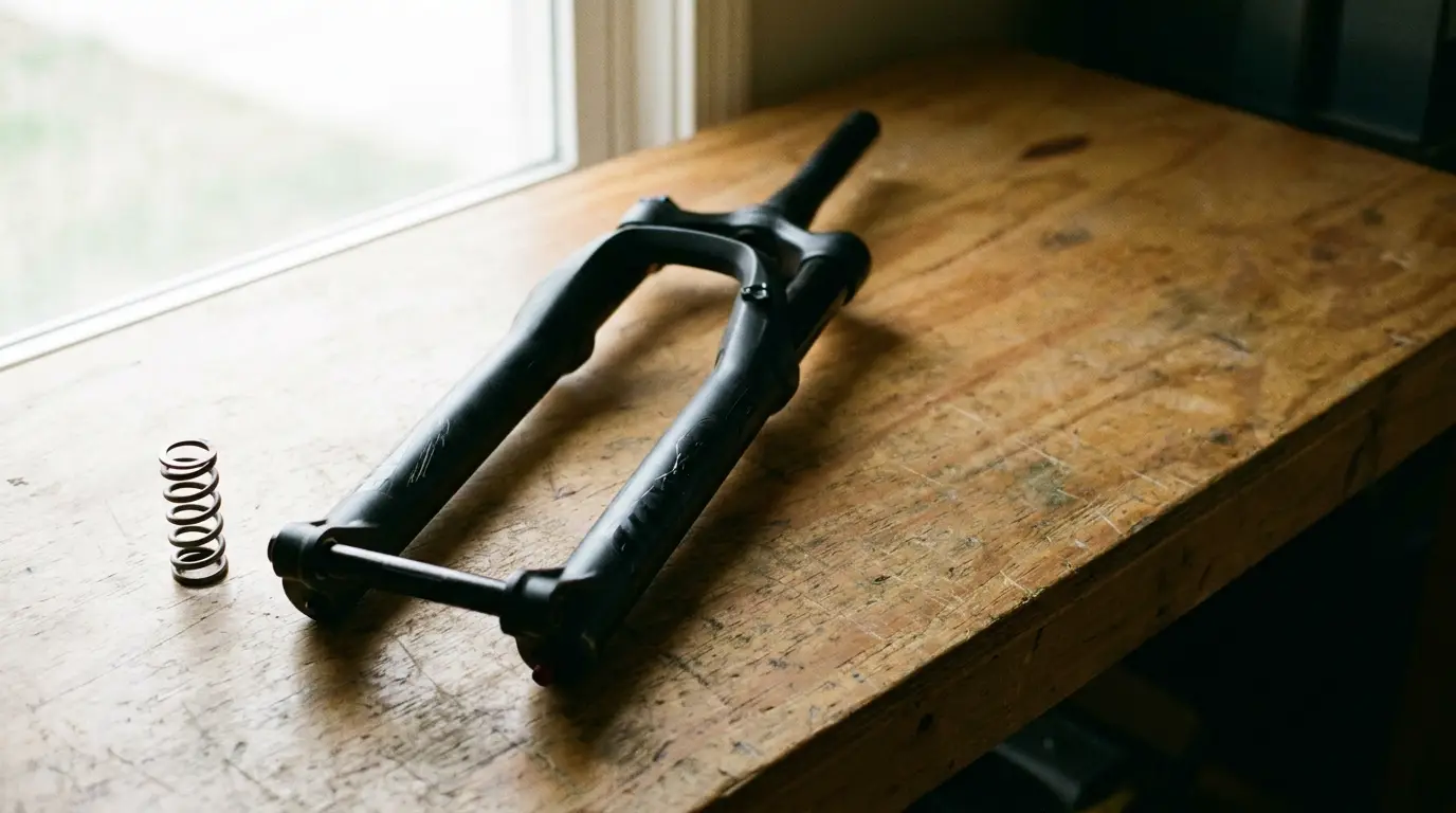 Bicycle fork and coil spring on a wooden workbench by a window