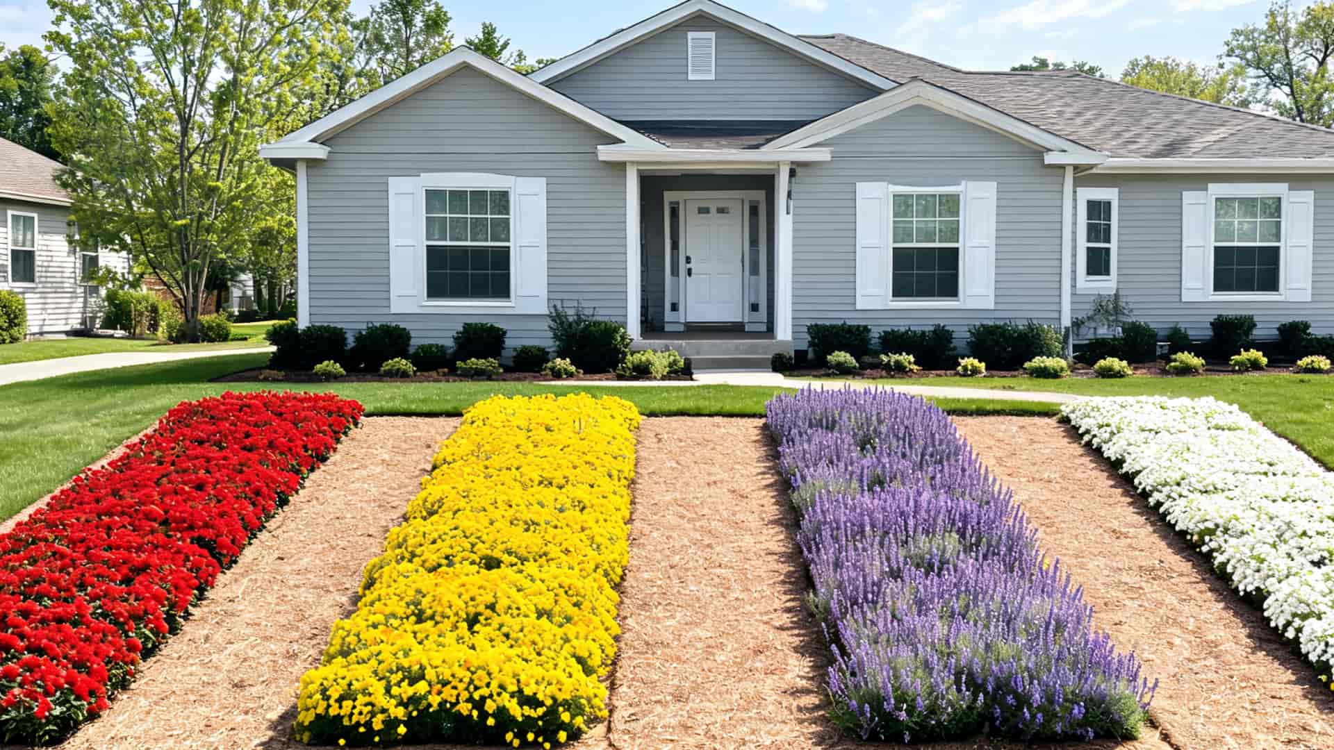 block style flower garden with long rectangular rows of red yellow purple and white blooms in front yard