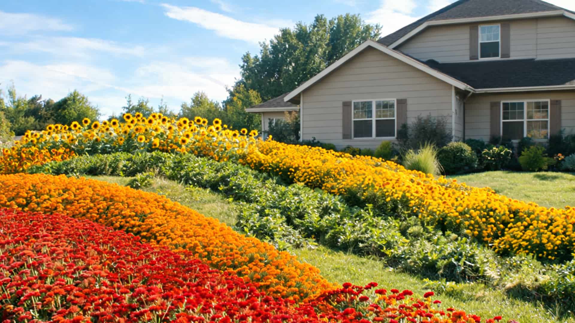 Flower beds with red, orange, and yellow flowers in front of a house and green lawn